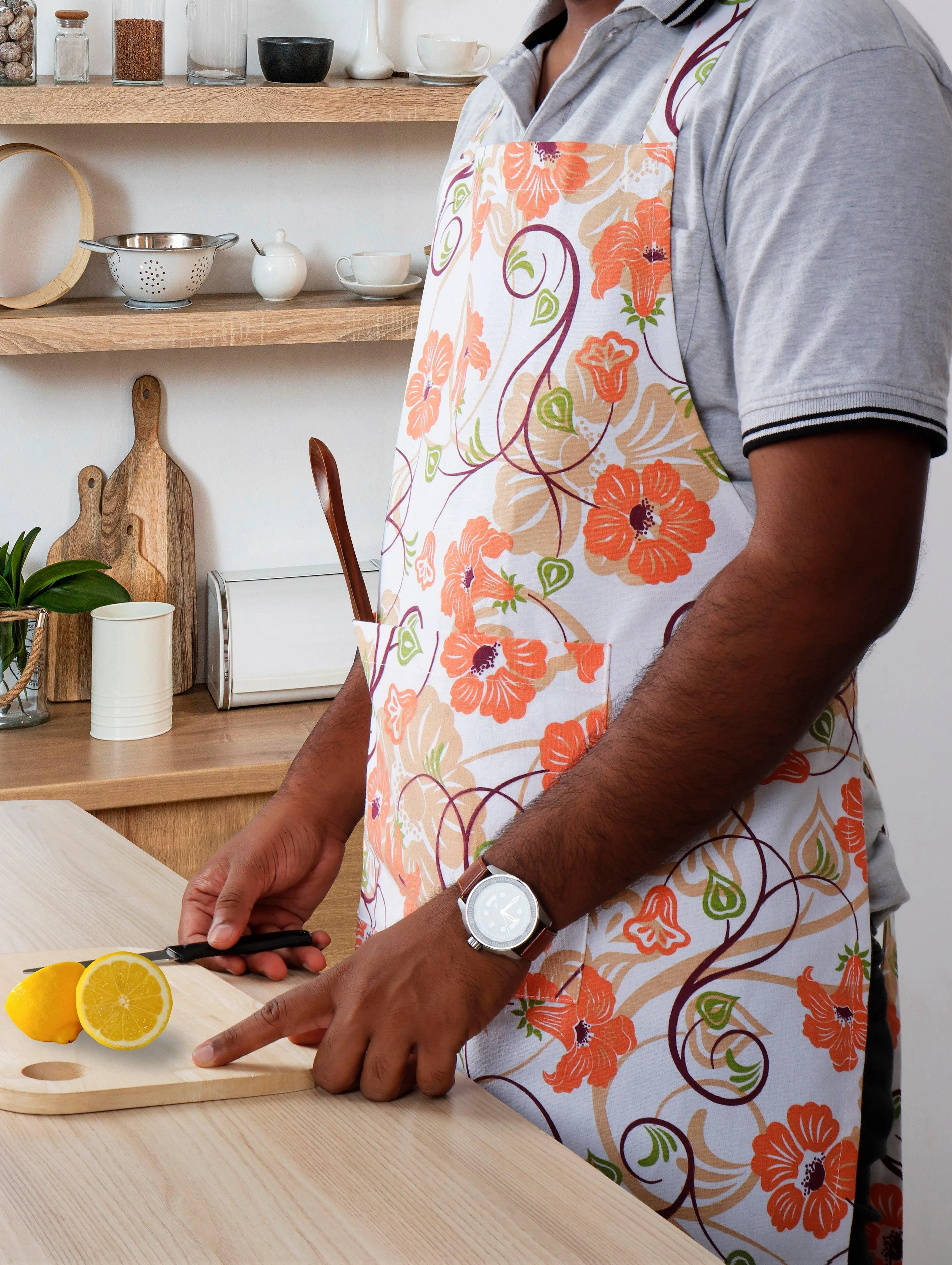 Cotton Orange Flower Free Size Apron Pack Of 1