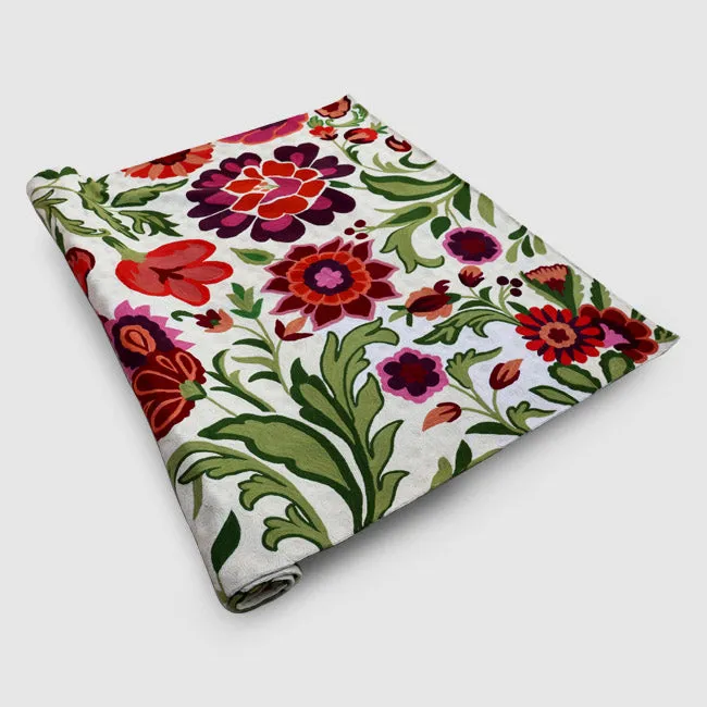 Cream And Burgundy Hand Embroidered Chainstitch Rug