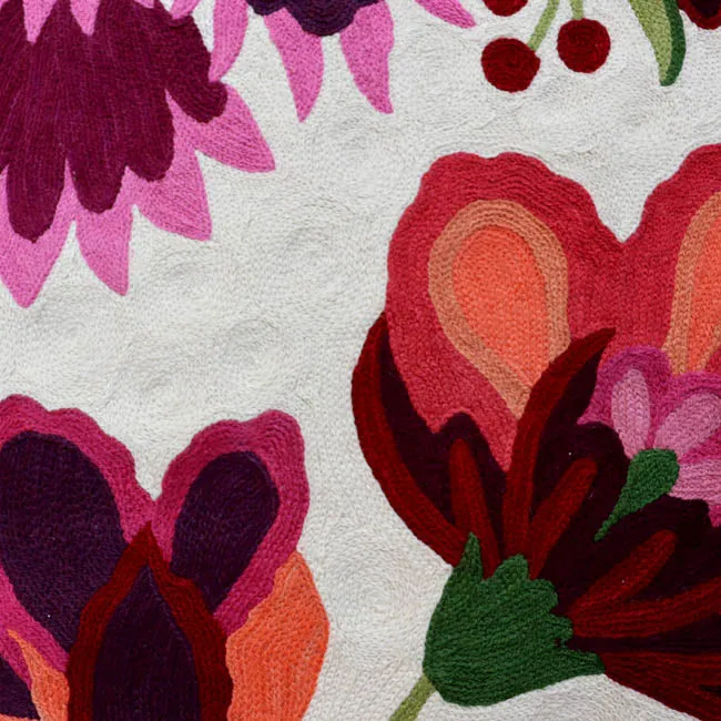 Cream And Burgundy Hand Embroidered Chainstitch Rug