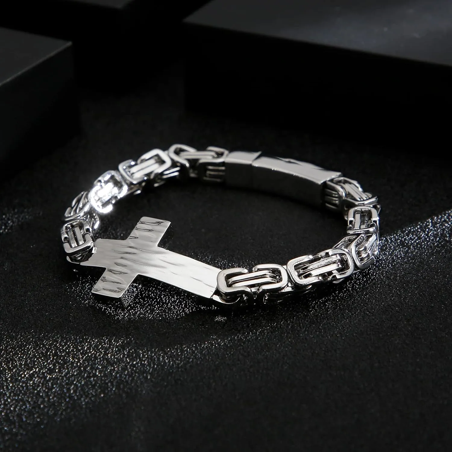 Cross Bracelet for Men Stainless Steel Christian Cross Bracelet Jesus Wristband Heavy Byzantine Chain Jewelry for Men Father