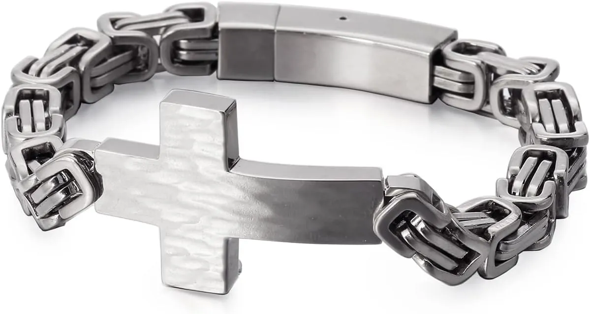Cross Bracelet for Men Stainless Steel Christian Cross Bracelet Jesus Wristband Heavy Byzantine Chain Jewelry for Men Father