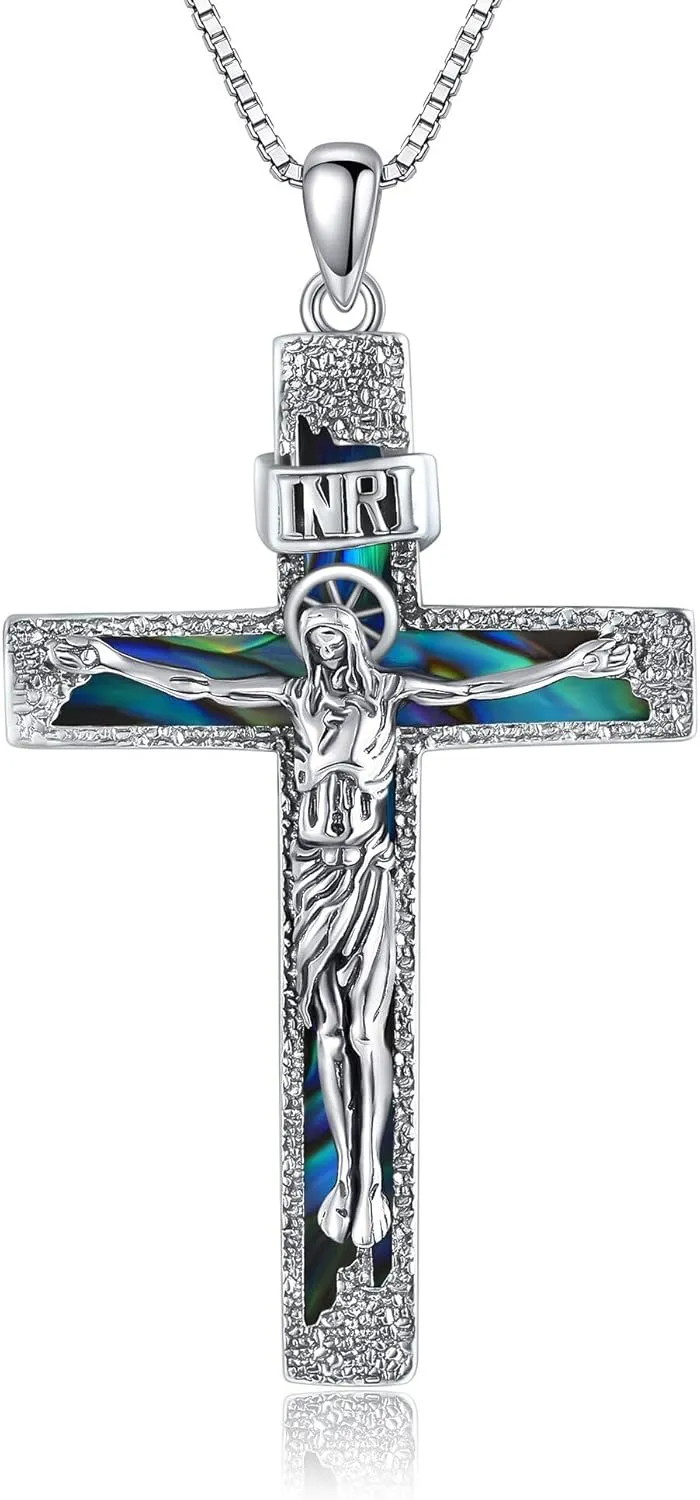 Crucifix Jesus Cross Necklace Sterling Silver Jesus Christ Cross Pendant for Men Religious for Men