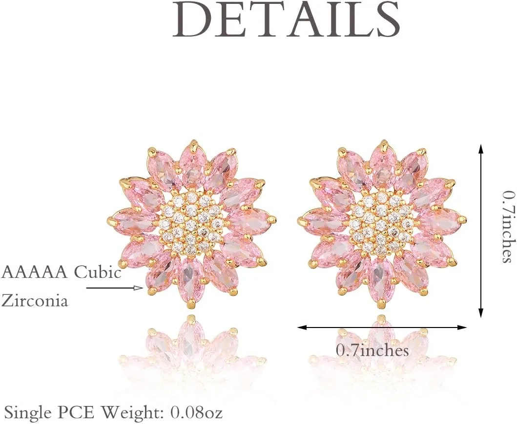 Crystal Flower Burst Stud Earirings - Big Sterling Silver CZ Cubic Zirconia Rhinestone Daisy Sunflower Floral Cluster Studs Bridal Wedding Party Prom Costume Jewelry for Bride Bridesmaids Women Birthstone Birthday Gift