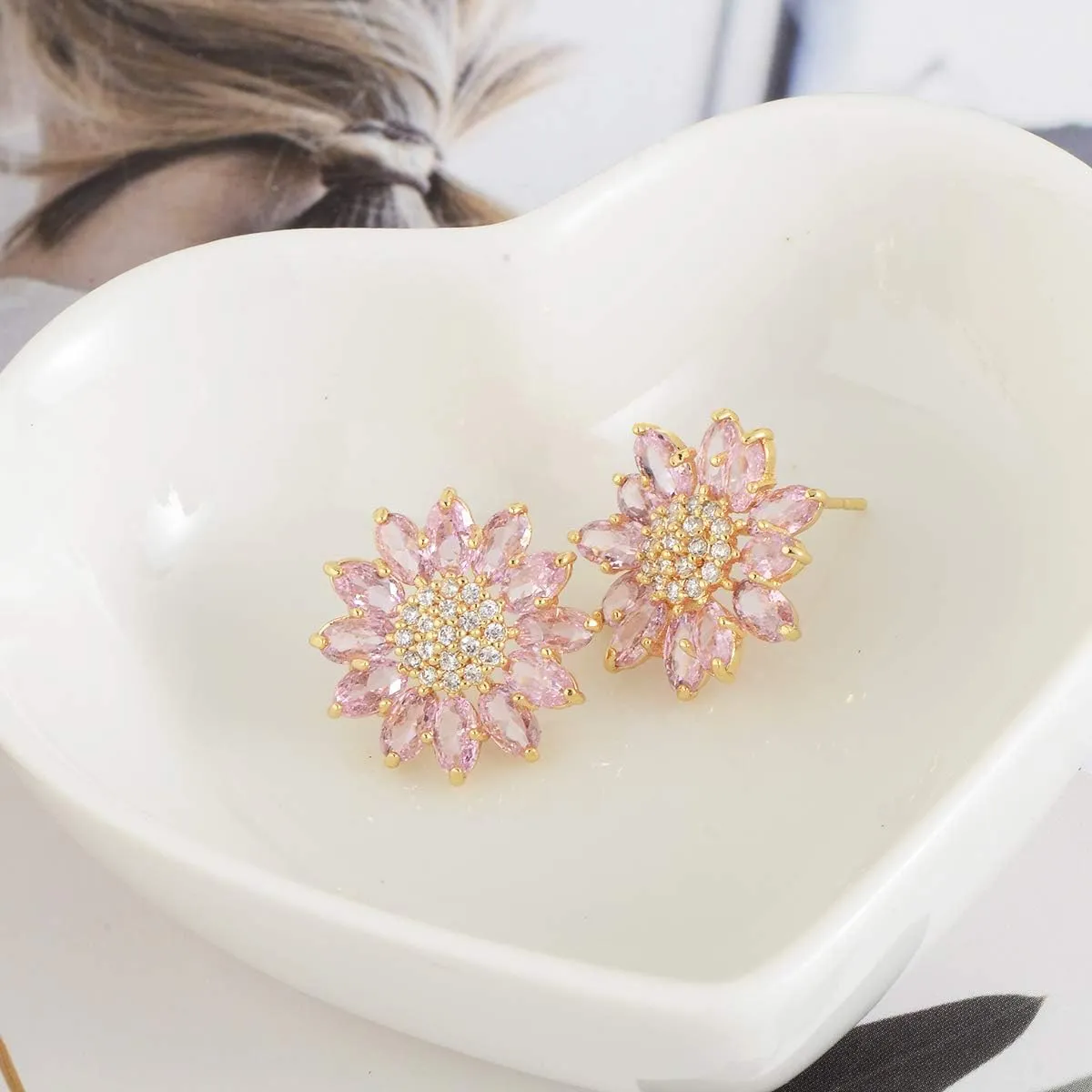 Crystal Flower Burst Stud Earirings - Big Sterling Silver CZ Cubic Zirconia Rhinestone Daisy Sunflower Floral Cluster Studs Bridal Wedding Party Prom Costume Jewelry for Bride Bridesmaids Women Birthstone Birthday Gift