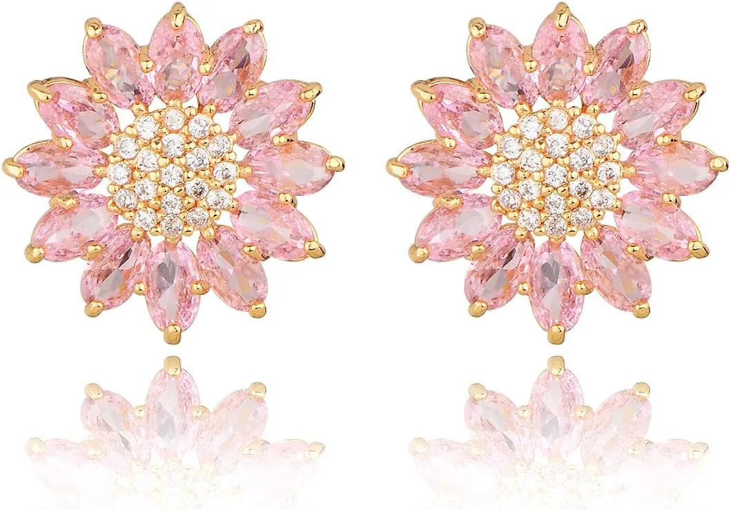 Crystal Flower Burst Stud Earirings - Big Sterling Silver CZ Cubic Zirconia Rhinestone Daisy Sunflower Floral Cluster Studs Bridal Wedding Party Prom Costume Jewelry for Bride Bridesmaids Women Birthstone Birthday Gift