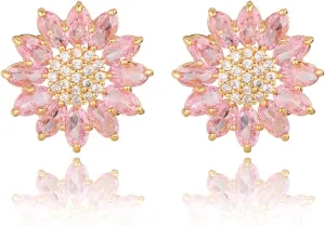 Crystal Flower Burst Stud Earirings - Big Sterling Silver CZ Cubic Zirconia Rhinestone Daisy Sunflower Floral Cluster Studs Bridal Wedding Party Prom Costume Jewelry for Bride Bridesmaids Women Birthstone Birthday Gift