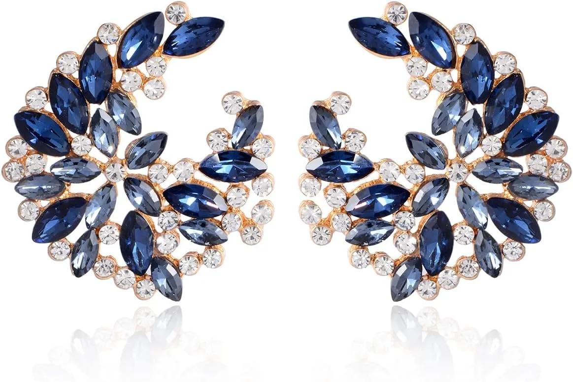 Crystal Flower Floral Stud Earrings for Women 14k Gold Plated Fashion Rhinestone CZ Cluster Floral Bridal Earrings for Wedding Bride Bridesmaids Party Prom