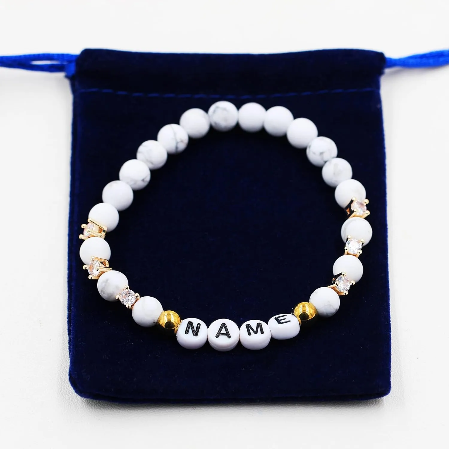 Customized Letter Name Bracelet - Natural Stone Matte Agate Beads and CZ Stretch Frosted Bracelets BFF Sisters Gifts