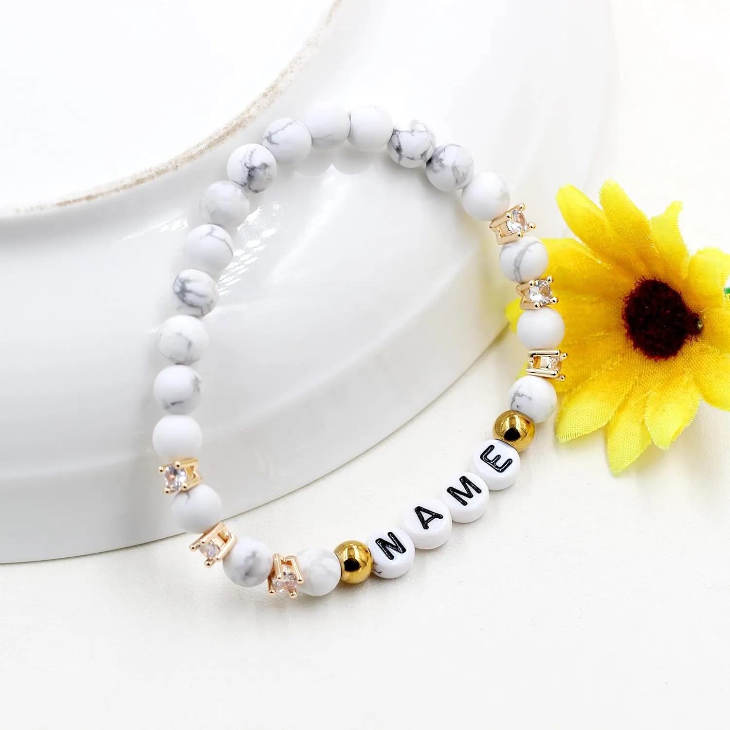 Customized Letter Name Bracelet - Natural Stone Matte Agate Beads and CZ Stretch Frosted Bracelets BFF Sisters Gifts