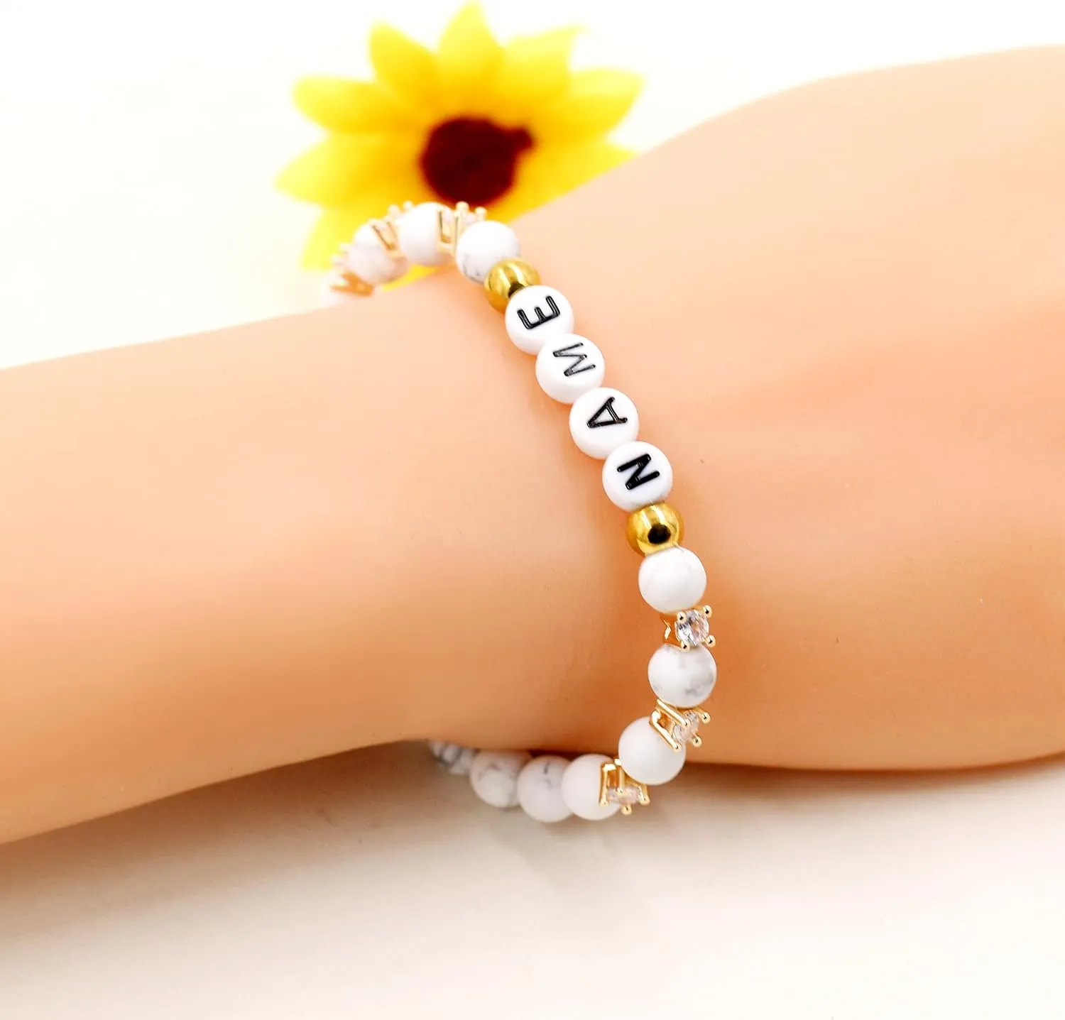 Customized Letter Name Bracelet - Natural Stone Matte Agate Beads and CZ Stretch Frosted Bracelets BFF Sisters Gifts