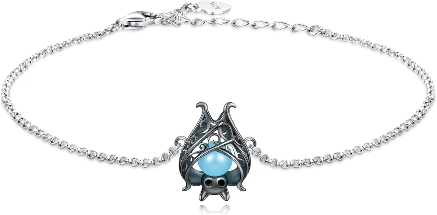 Cute Bat Bracelet Sterling Silver Glowing in The Dark Animal Bracelet Little Witchy Vampire Halloween Jewelry Gift for Women