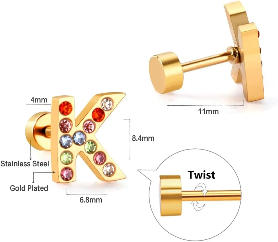 Cute Initial Small Stud Earrings for Women Cartilage Dainty Gold Plated 20g Rainbow Cubic Zirconia 26 Letters Alphabet Piercing Little Studs Flat Screw Back Stainless Steel Hypoallergenic for Sensitive Ear Birthday Gift Her