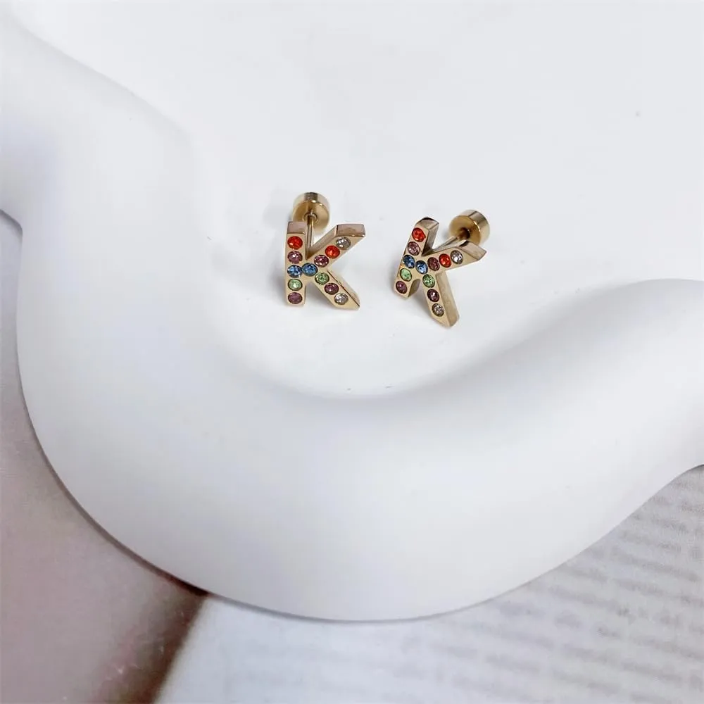 Cute Initial Small Stud Earrings for Women Cartilage Dainty Gold Plated 20g Rainbow Cubic Zirconia 26 Letters Alphabet Piercing Little Studs Flat Screw Back Stainless Steel Hypoallergenic for Sensitive Ear Birthday Gift Her