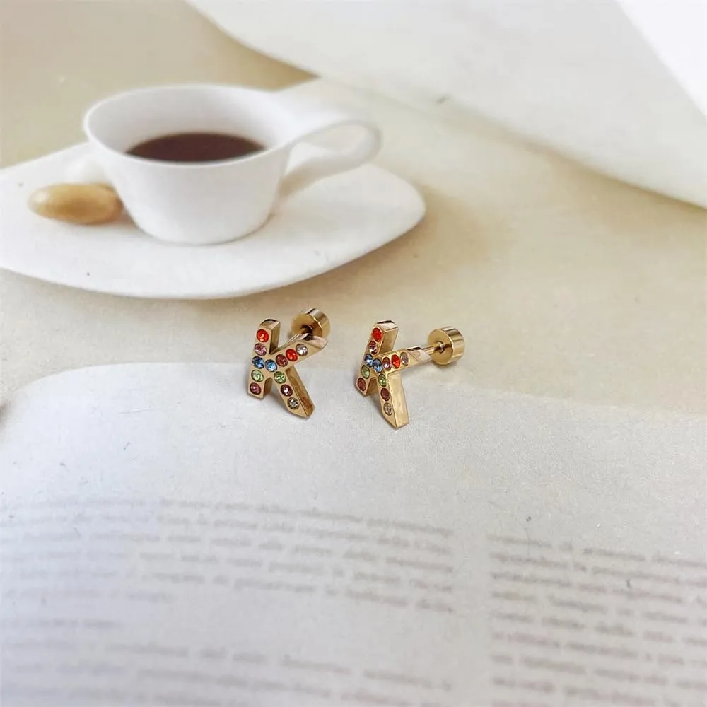 Cute Initial Small Stud Earrings for Women Cartilage Dainty Gold Plated 20g Rainbow Cubic Zirconia 26 Letters Alphabet Piercing Little Studs Flat Screw Back Stainless Steel Hypoallergenic for Sensitive Ear Birthday Gift Her