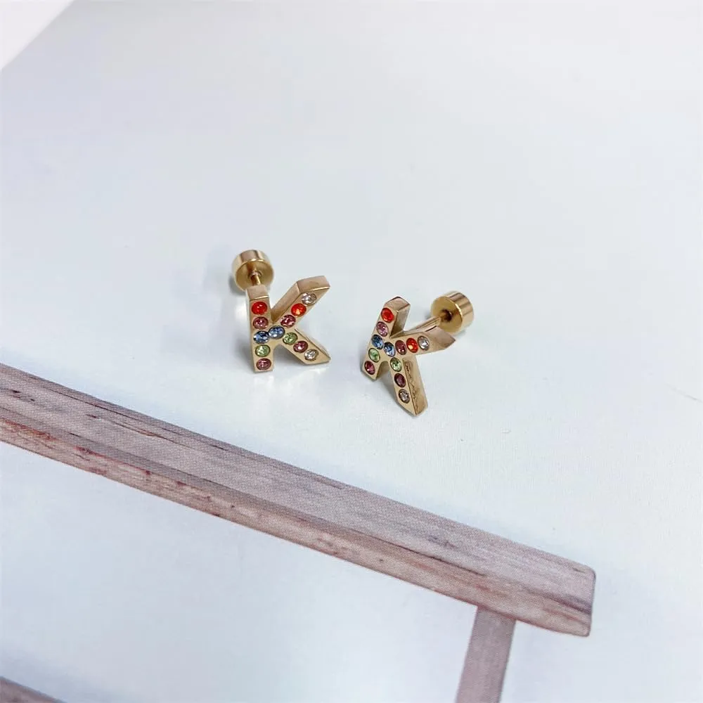Cute Initial Small Stud Earrings for Women Cartilage Dainty Gold Plated 20g Rainbow Cubic Zirconia 26 Letters Alphabet Piercing Little Studs Flat Screw Back Stainless Steel Hypoallergenic for Sensitive Ear Birthday Gift Her