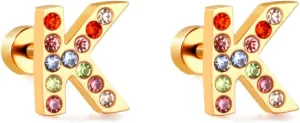 Cute Initial Small Stud Earrings for Women Cartilage Dainty Gold Plated 20g Rainbow Cubic Zirconia 26 Letters Alphabet Piercing Little Studs Flat Screw Back Stainless Steel Hypoallergenic for Sensitive Ear Birthday Gift Her