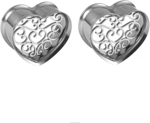 Daesar 2PCS Ear Tunnels, Stainless Steel Ear Plugs Polished Hollow Heart Ear Gauge Piercings Jewelry