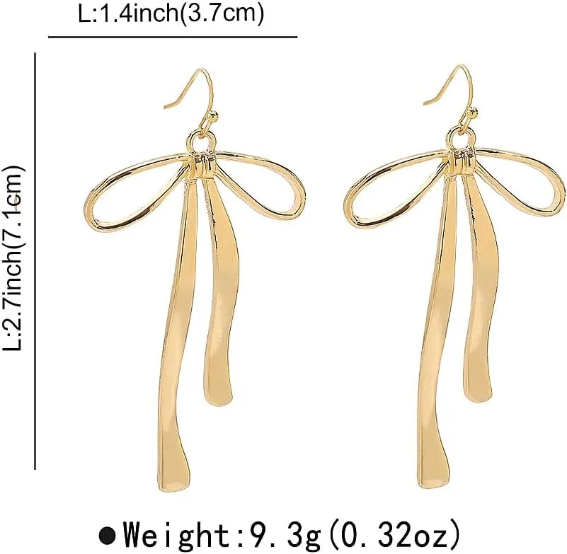Dainty 14K Gold Bow Earrings Vintage Long Pearl Ribbon Dangle Dop Earrings Hypoallergenic Bowknot Tassel Earrings Jewelry Present for Banquet Prom