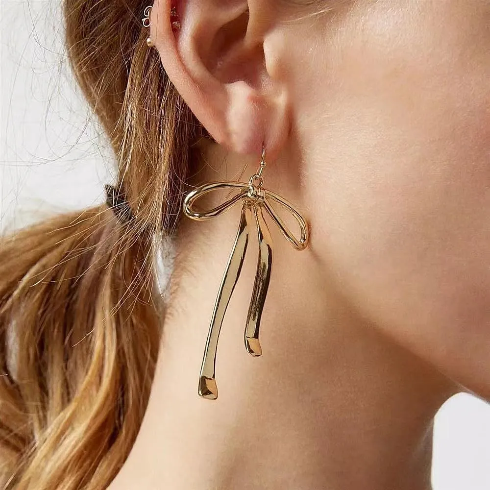Dainty 14K Gold Bow Earrings Vintage Long Pearl Ribbon Dangle Dop Earrings Hypoallergenic Bowknot Tassel Earrings Jewelry Present for Banquet Prom