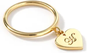 Dangle Custom Initial Heart Single Ring, 18K Gold Plated Minimalist Statement Ring with Heart Dangle Personalized Engraved Letter Jewelry Anniversary Mother's Day Birthday Gift for Women