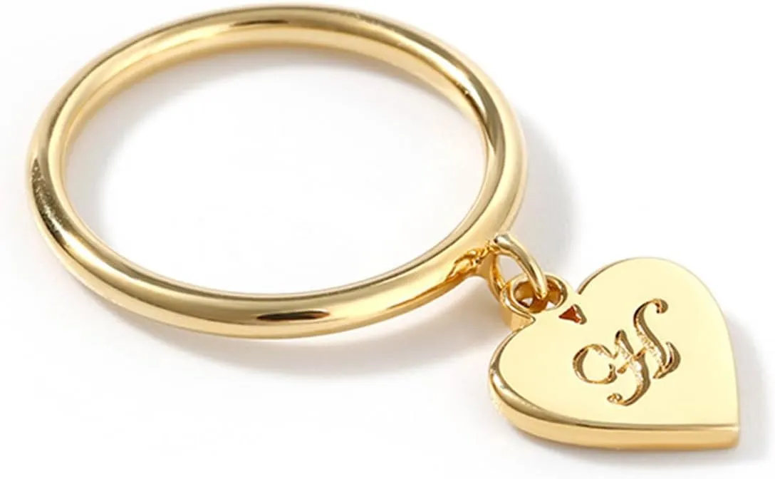Dangle Custom Initial Heart Single Ring, 18K Gold Plated Minimalist Statement Ring with Heart Dangle Personalized Engraved Letter Jewelry Anniversary Mother's Day Birthday Gift for Women