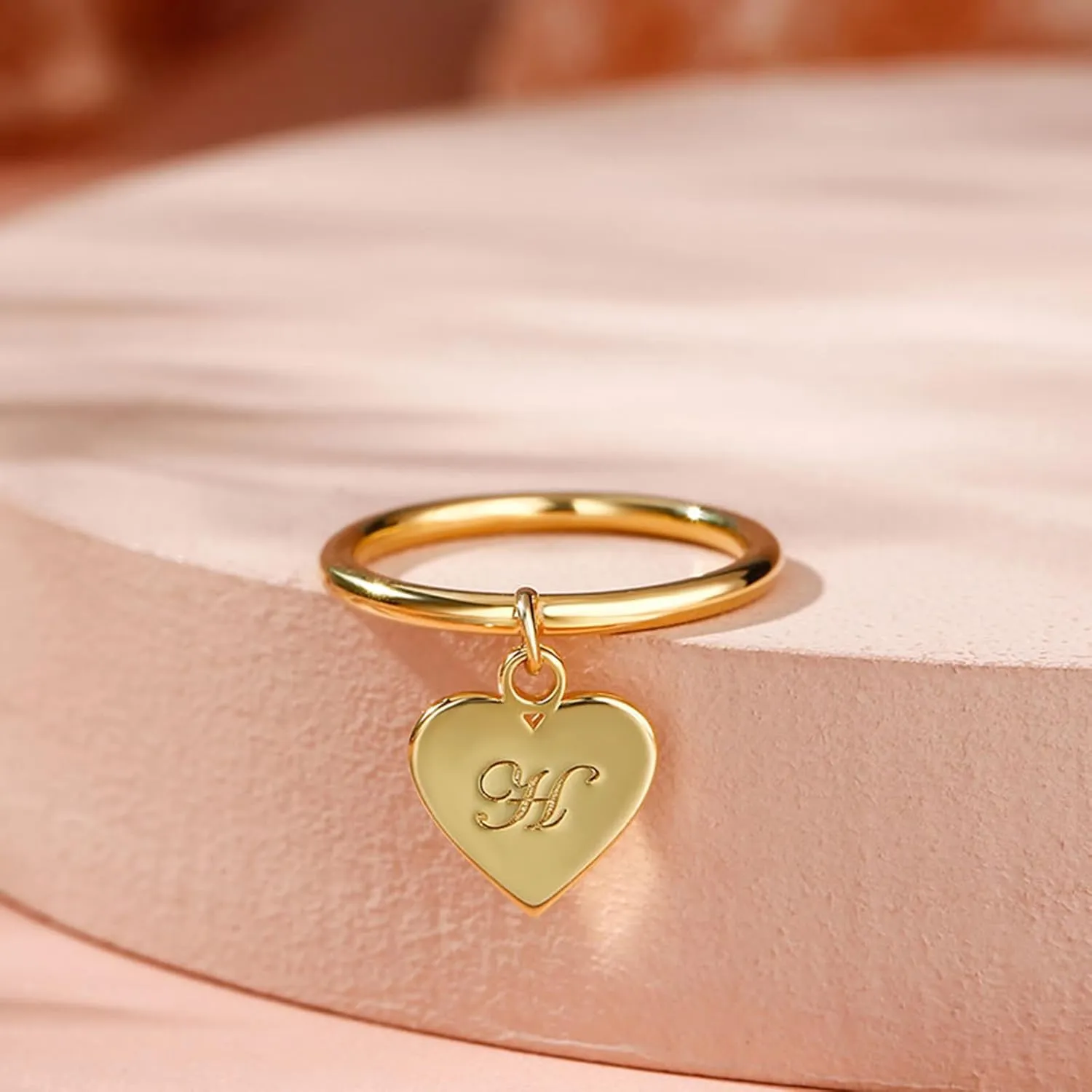 Dangle Custom Initial Heart Single Ring, 18K Gold Plated Minimalist Statement Ring with Heart Dangle Personalized Engraved Letter Jewelry Anniversary Mother's Day Birthday Gift for Women