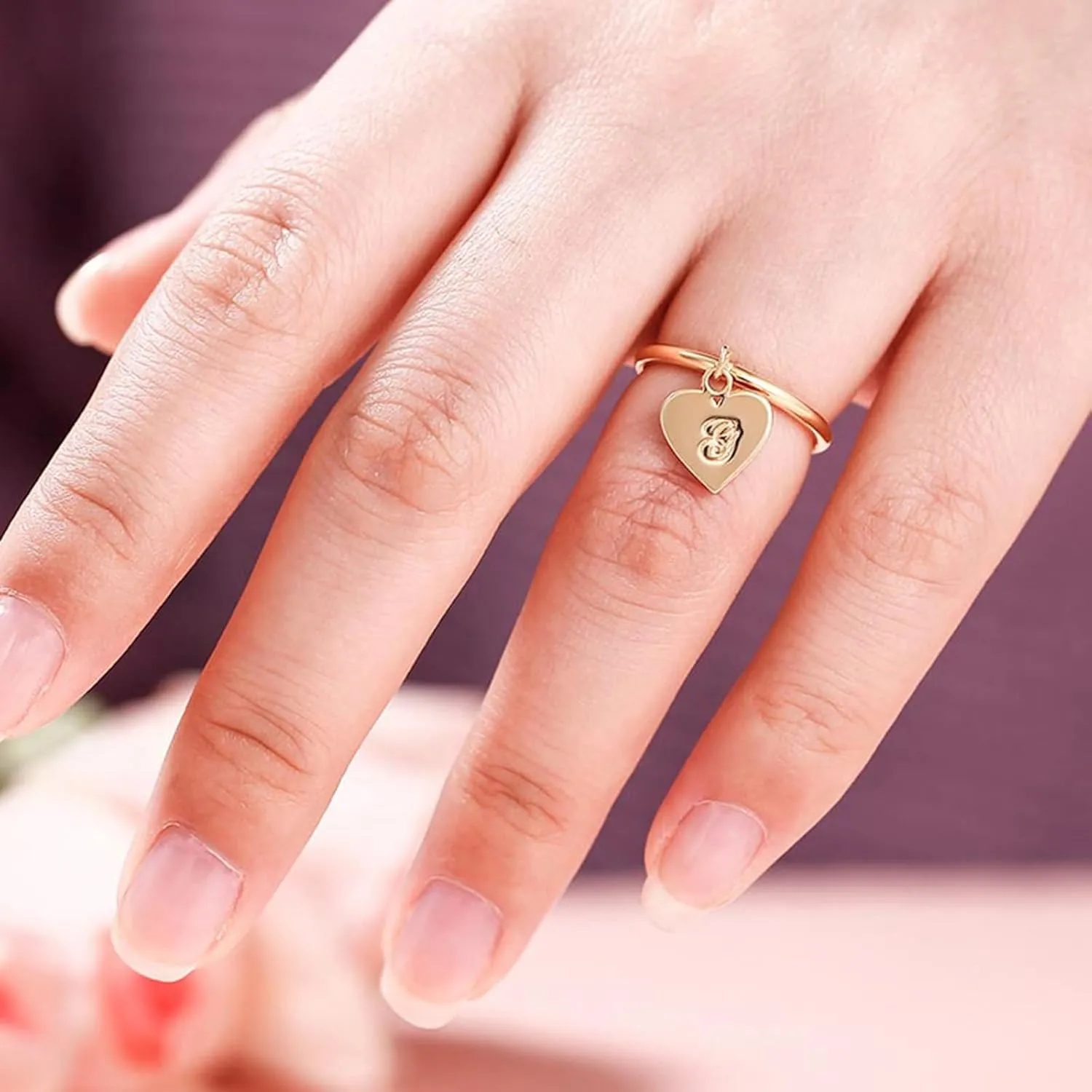 Dangle Custom Initial Heart Single Ring, 18K Gold Plated Minimalist Statement Ring with Heart Dangle Personalized Engraved Letter Jewelry Anniversary Mother's Day Birthday Gift for Women