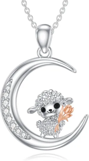 Diamond Sheep Moon Necklace 925 Sterling Silver Diamond Sheep Pendant Lovely Animal Jewelry Sheep Moon Necklace Christmas Gifts for Women Wife Mom