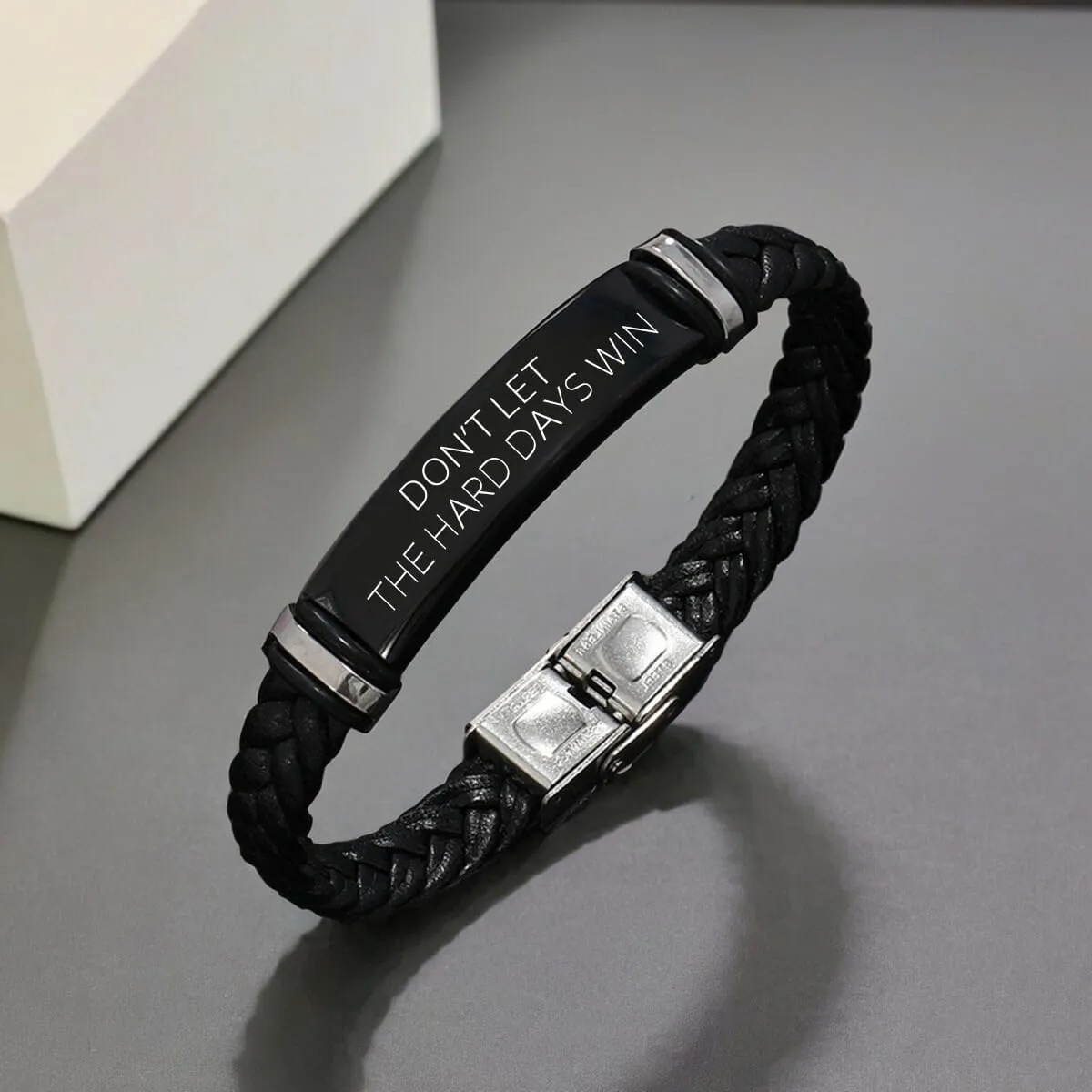 Dont Let The Hard Days Win Bracelet, Adjustable Engraved Stainless Steel Black Leather Braided Bracelets Inspirational Little Words Project Bracelet Jewelry Gifts for Hard Times Men Son Husband