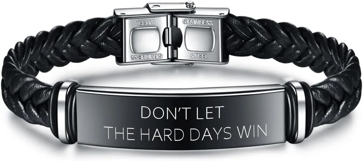 Dont Let The Hard Days Win Bracelet, Adjustable Engraved Stainless Steel Black Leather Braided Bracelets Inspirational Little Words Project Bracelet Jewelry Gifts for Hard Times Men Son Husband