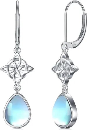 Dorunmo Celtic Moonstone Earrings - 925 Sterling Silver Leverback Filigree Trinity Earrings for Women's Birthday Gift
