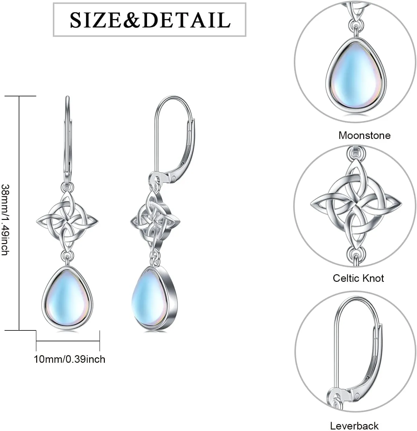 Dorunmo Celtic Moonstone Earrings - 925 Sterling Silver Leverback Filigree Trinity Earrings for Women's Birthday Gift