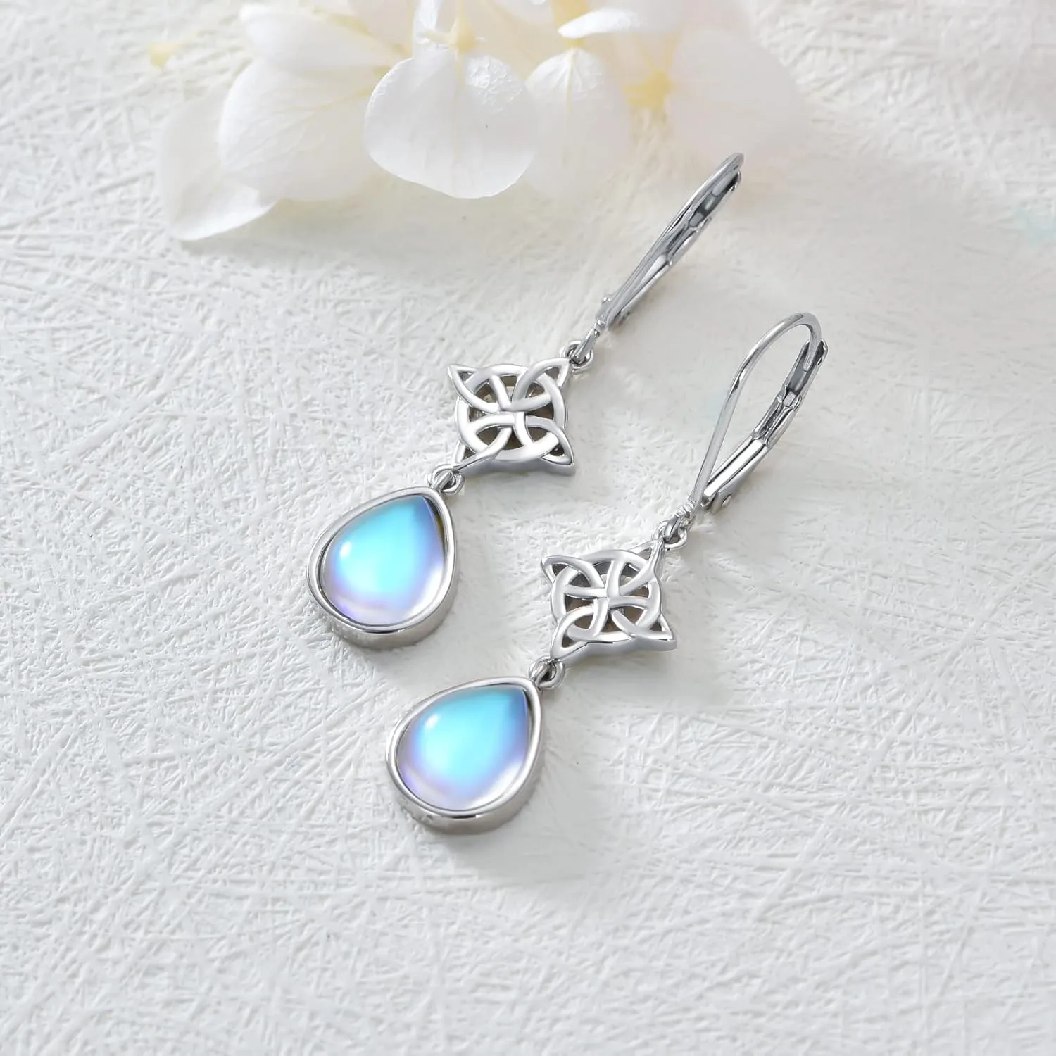 Dorunmo Celtic Moonstone Earrings - 925 Sterling Silver Leverback Filigree Trinity Earrings for Women's Birthday Gift