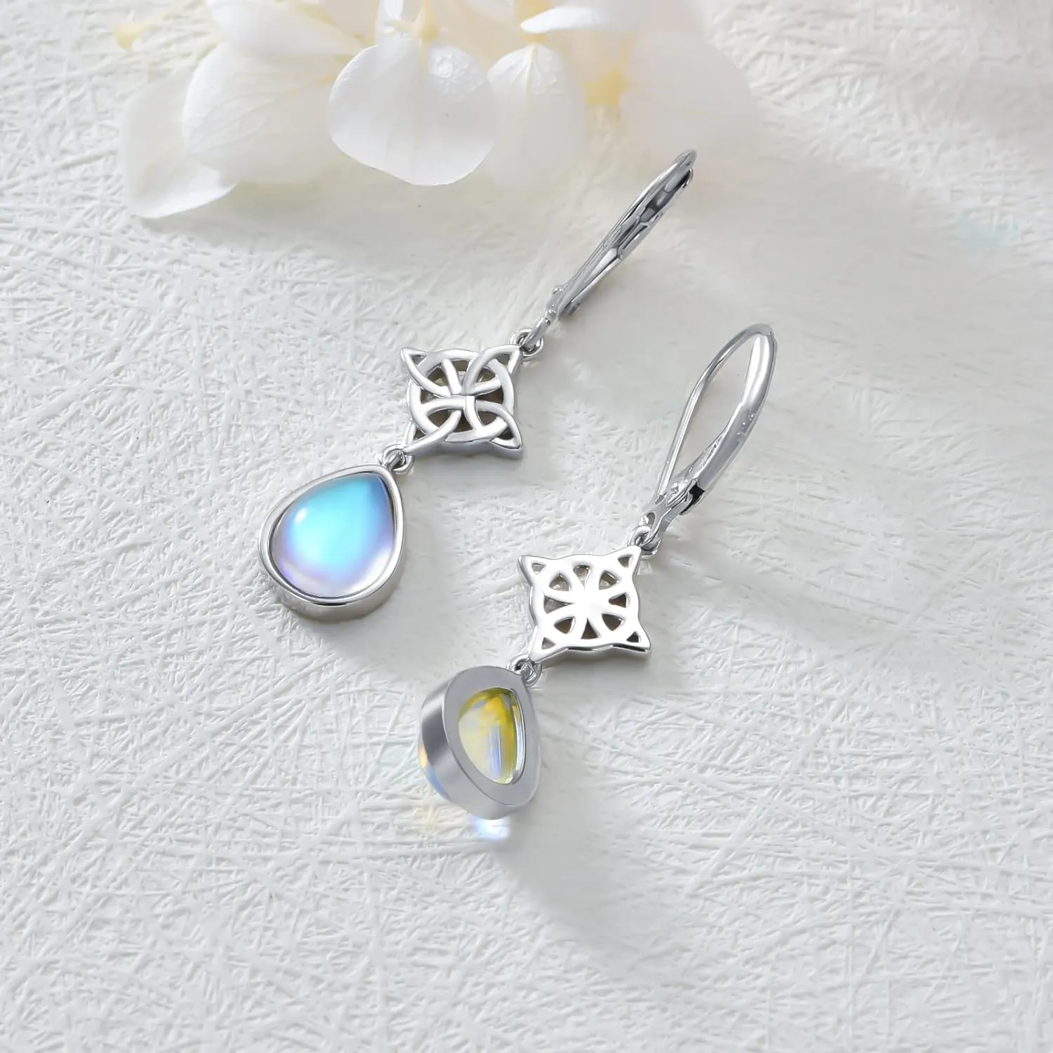 Dorunmo Celtic Moonstone Earrings - 925 Sterling Silver Leverback Filigree Trinity Earrings for Women's Birthday Gift