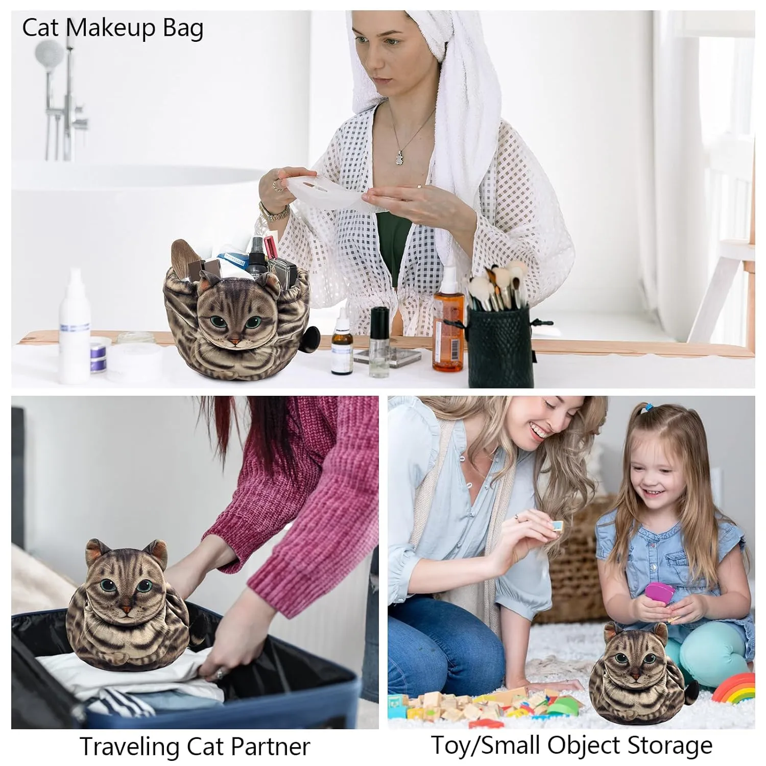 Drawstring Cat Makeup Bag - Travel Organizer, Cosmetic Pouch, Lay Flat Design - Gift for Women and Cat Lovers (2-Pack)