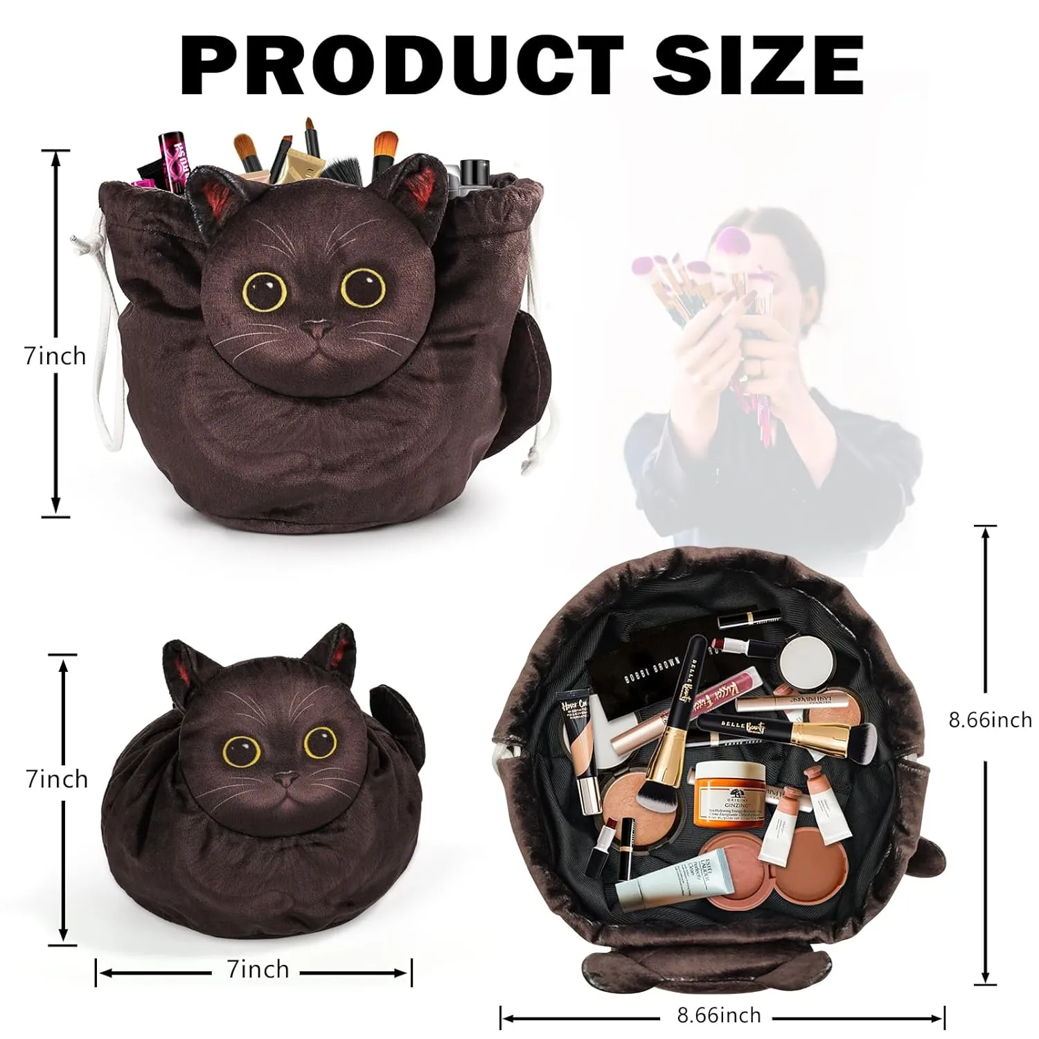 Drawstring Cat Makeup Bag - Travel Organizer, Cosmetic Pouch, Lay Flat Design - Gift for Women and Cat Lovers (2-Pack)