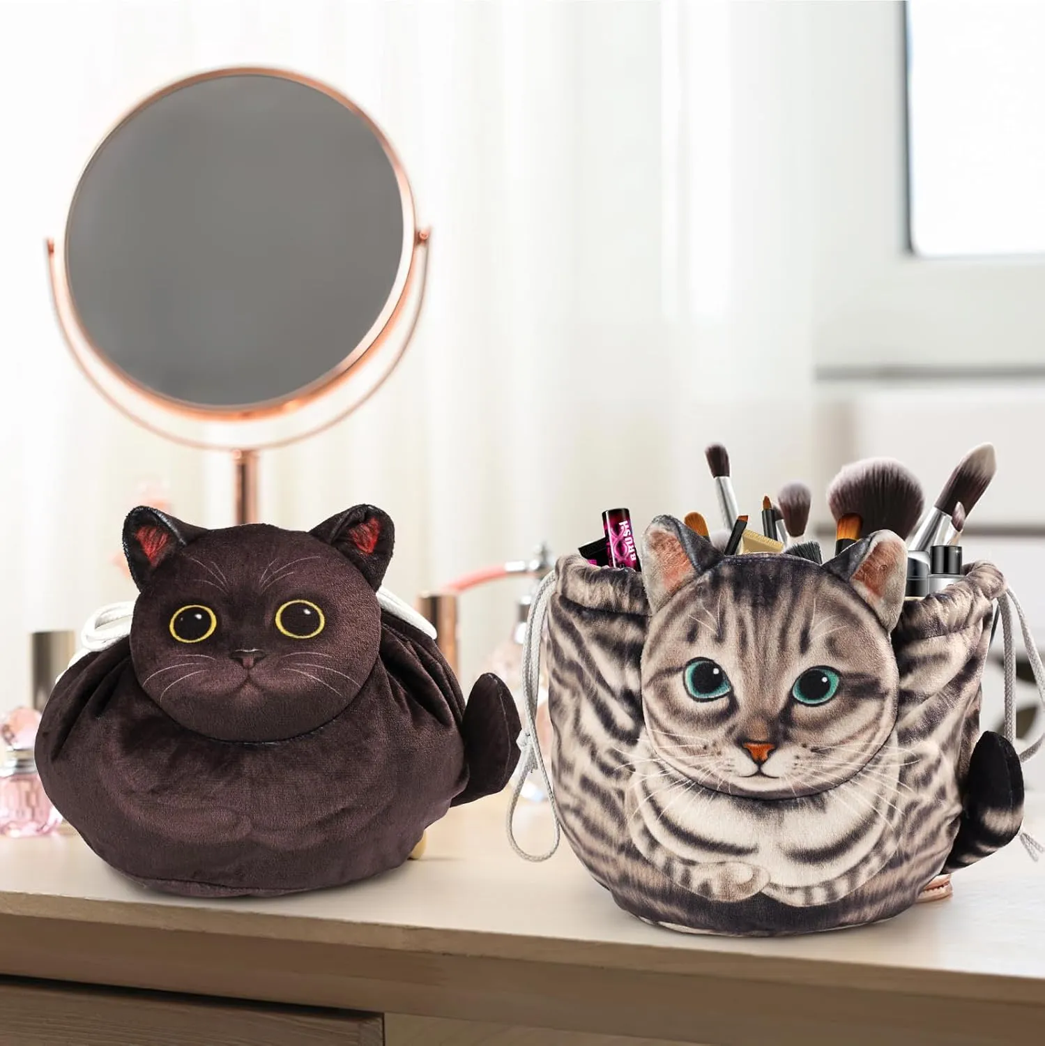 Drawstring Cat Makeup Bag - Travel Organizer, Cosmetic Pouch, Lay Flat Design - Gift for Women and Cat Lovers (2-Pack)