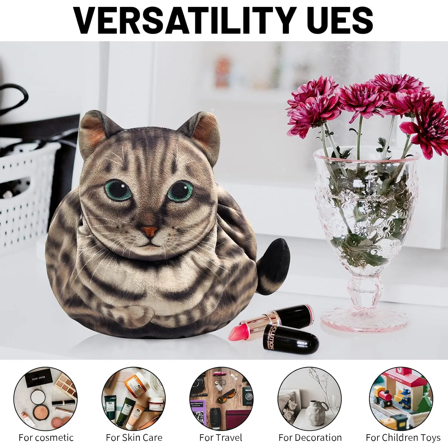 Drawstring Cat Makeup Bag - Travel Organizer, Cosmetic Pouch, Lay Flat Design - Gift for Women and Cat Lovers (2-Pack)