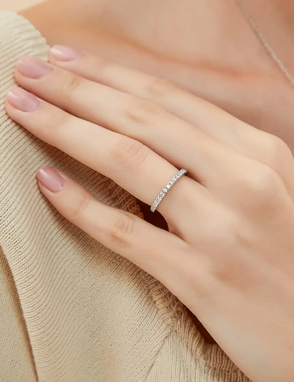 EAMTI 2mm 925 Sterling Silver Wedding Band Cubic Zirconia Half Eternity Stackable Engagement Ring Size 3-13