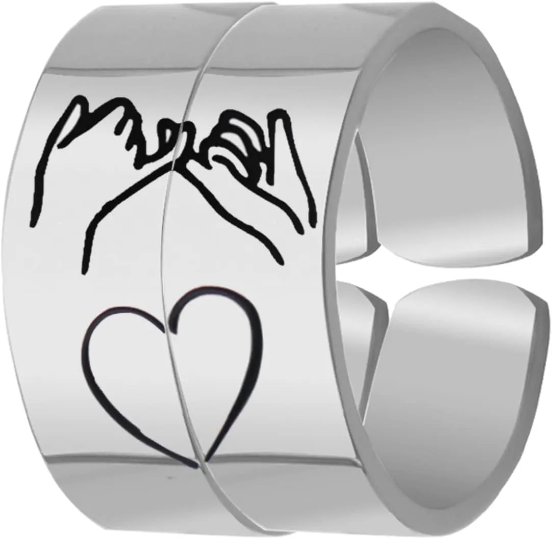 Eilygen Couple Gifts Pinky Promise Ring Set Adjustable Matching 2 Rings Anniversary Jewelry for Couple Best Friend Birthday Gifts