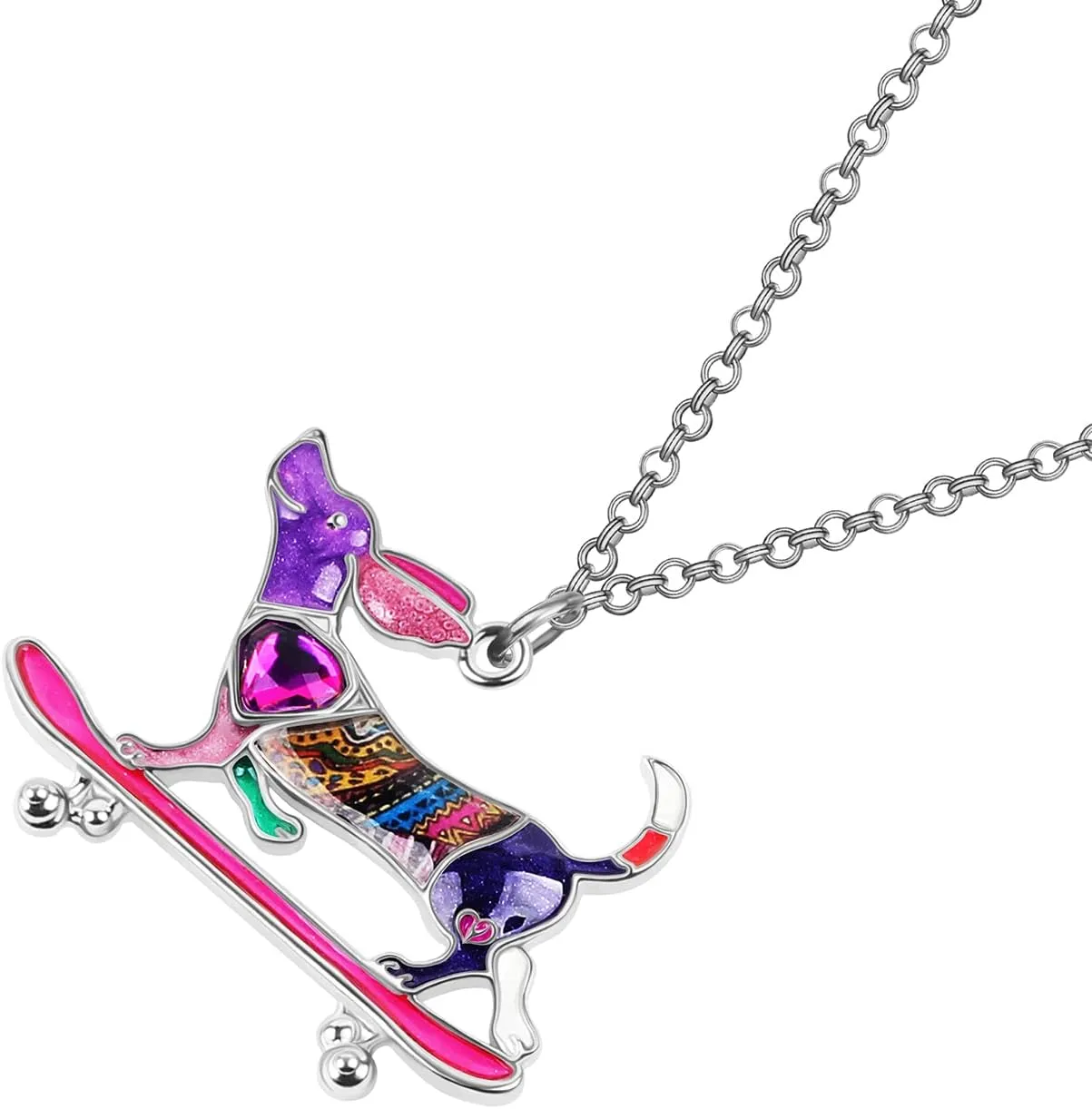 Enamel Alloy Rhinestone Skateboard Dachshund Necklace Dog Pendant Pet Jewelry Dachshund Gifts for Women