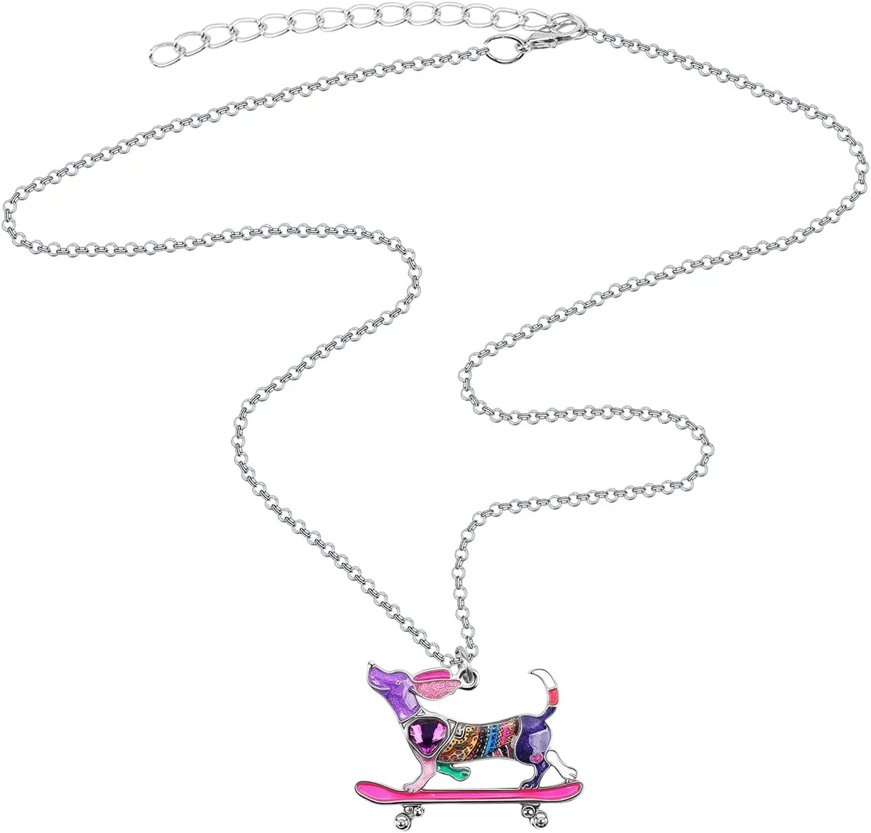 Enamel Alloy Rhinestone Skateboard Dachshund Necklace Dog Pendant Pet Jewelry Dachshund Gifts for Women
