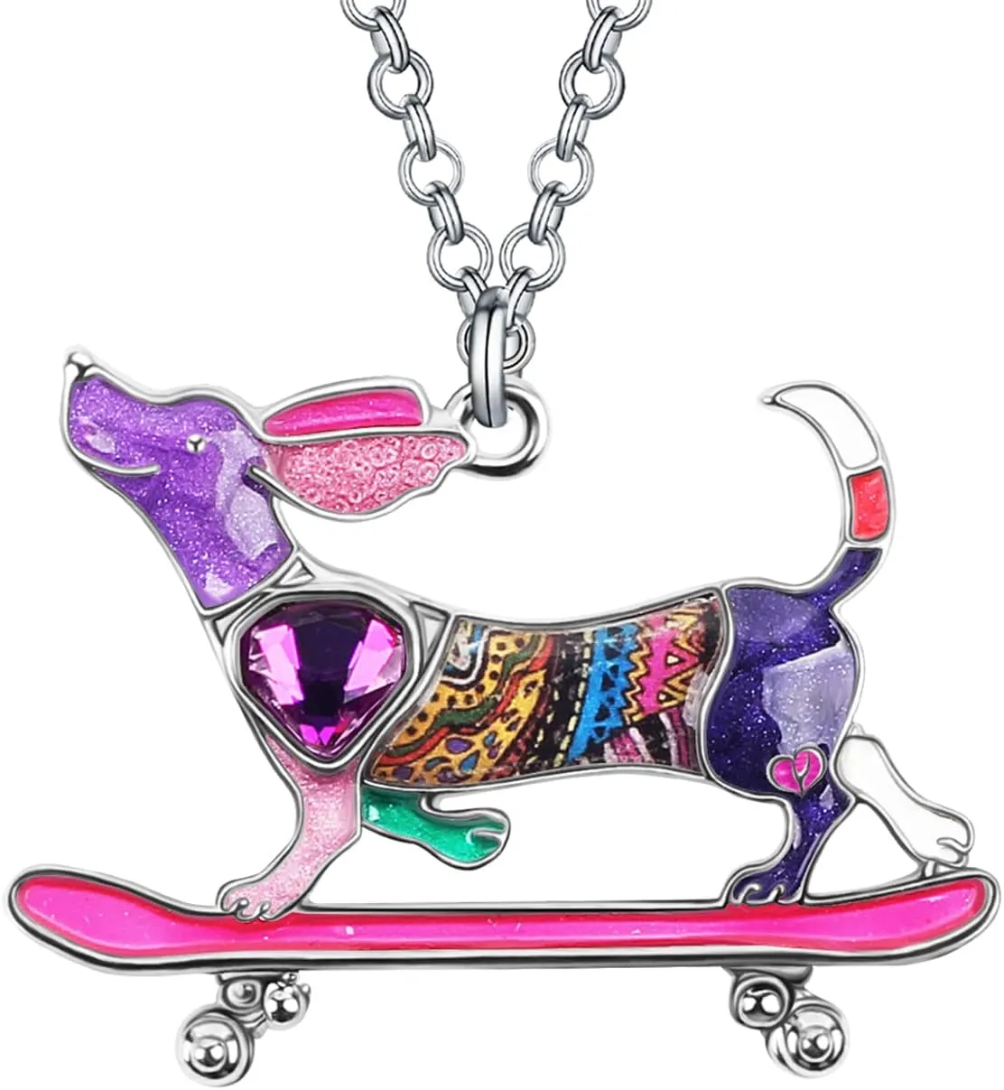 Enamel Alloy Rhinestone Skateboard Dachshund Necklace Dog Pendant Pet Jewelry Dachshund Gifts for Women