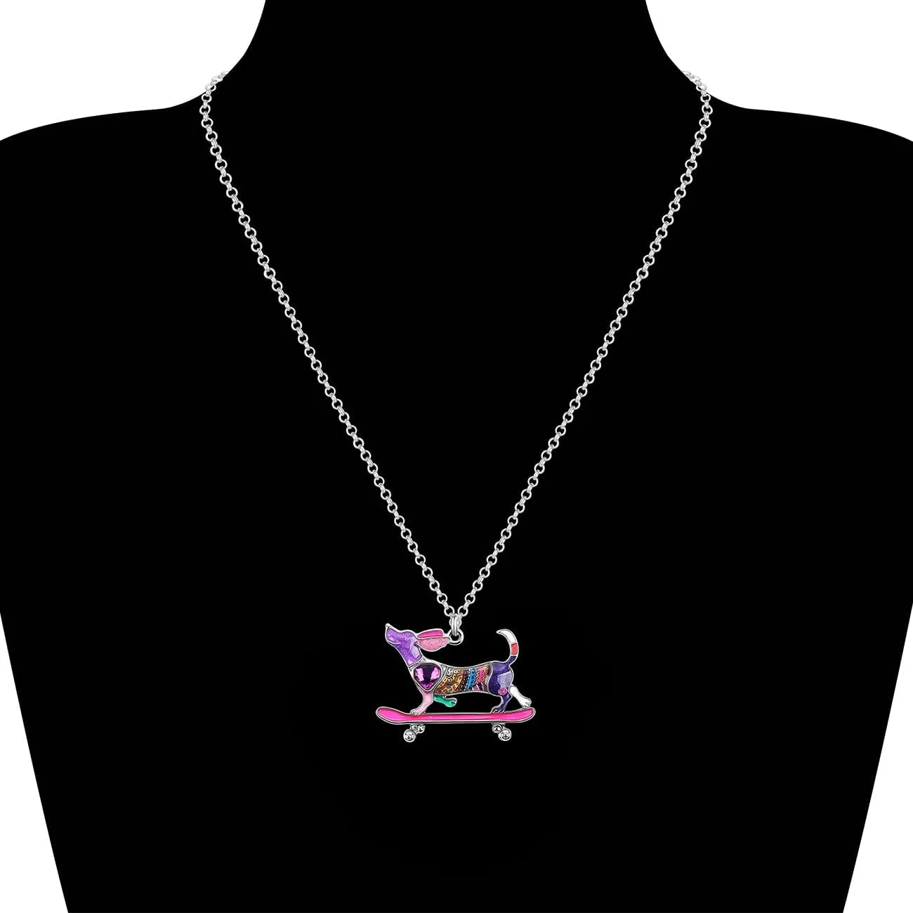 Enamel Alloy Rhinestone Skateboard Dachshund Necklace Dog Pendant Pet Jewelry Dachshund Gifts for Women