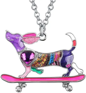 Enamel Alloy Rhinestone Skateboard Dachshund Necklace Dog Pendant Pet Jewelry Dachshund Gifts for Women