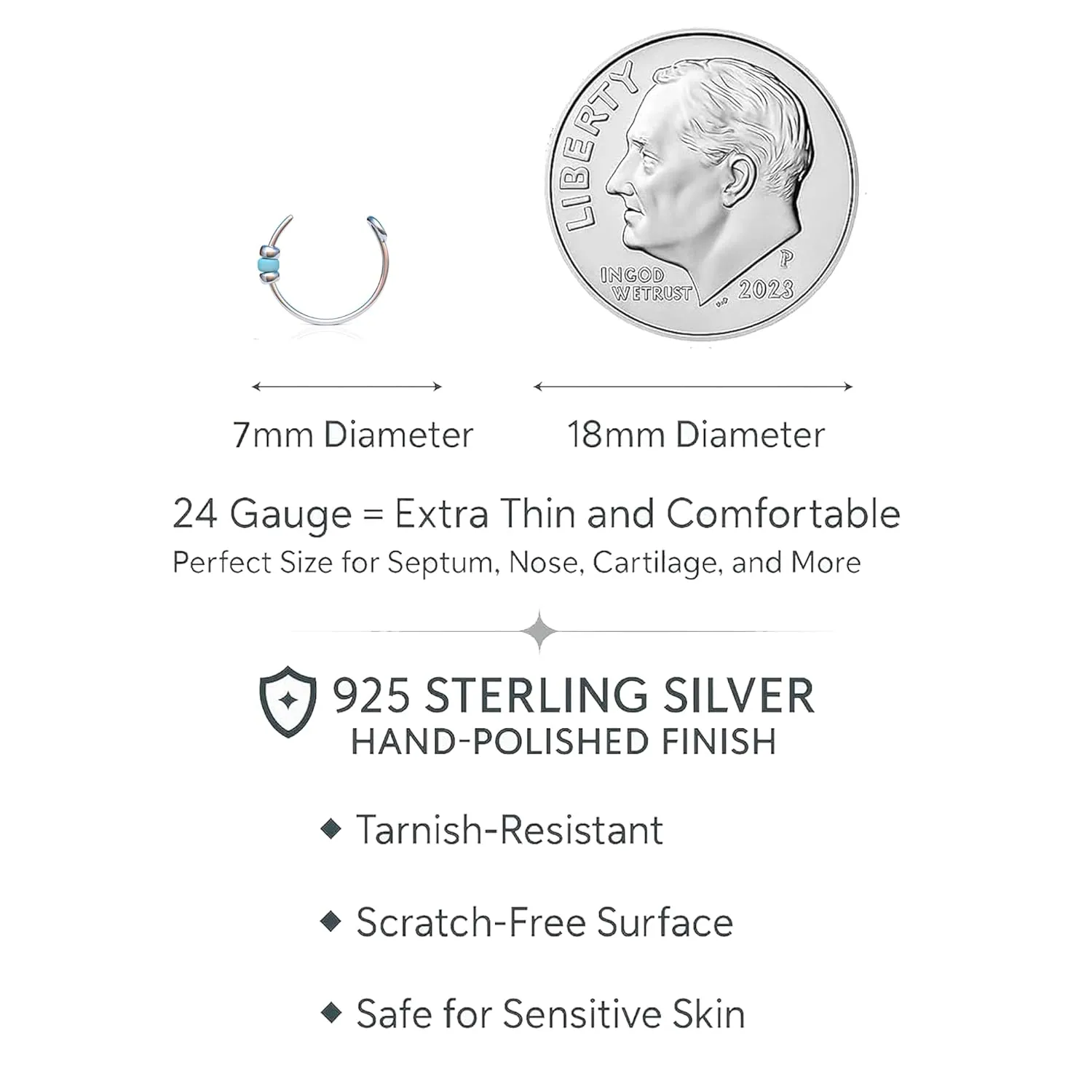 Fake Nose Ring - Tiny Thin Dainty 24 Gauge 7mm Faux Nose Hoop With Turquoise Bead - 925 Sterling Silver Clip On Nose Piercing Jewelry For Women - No Piercing Needed - Gift Ready