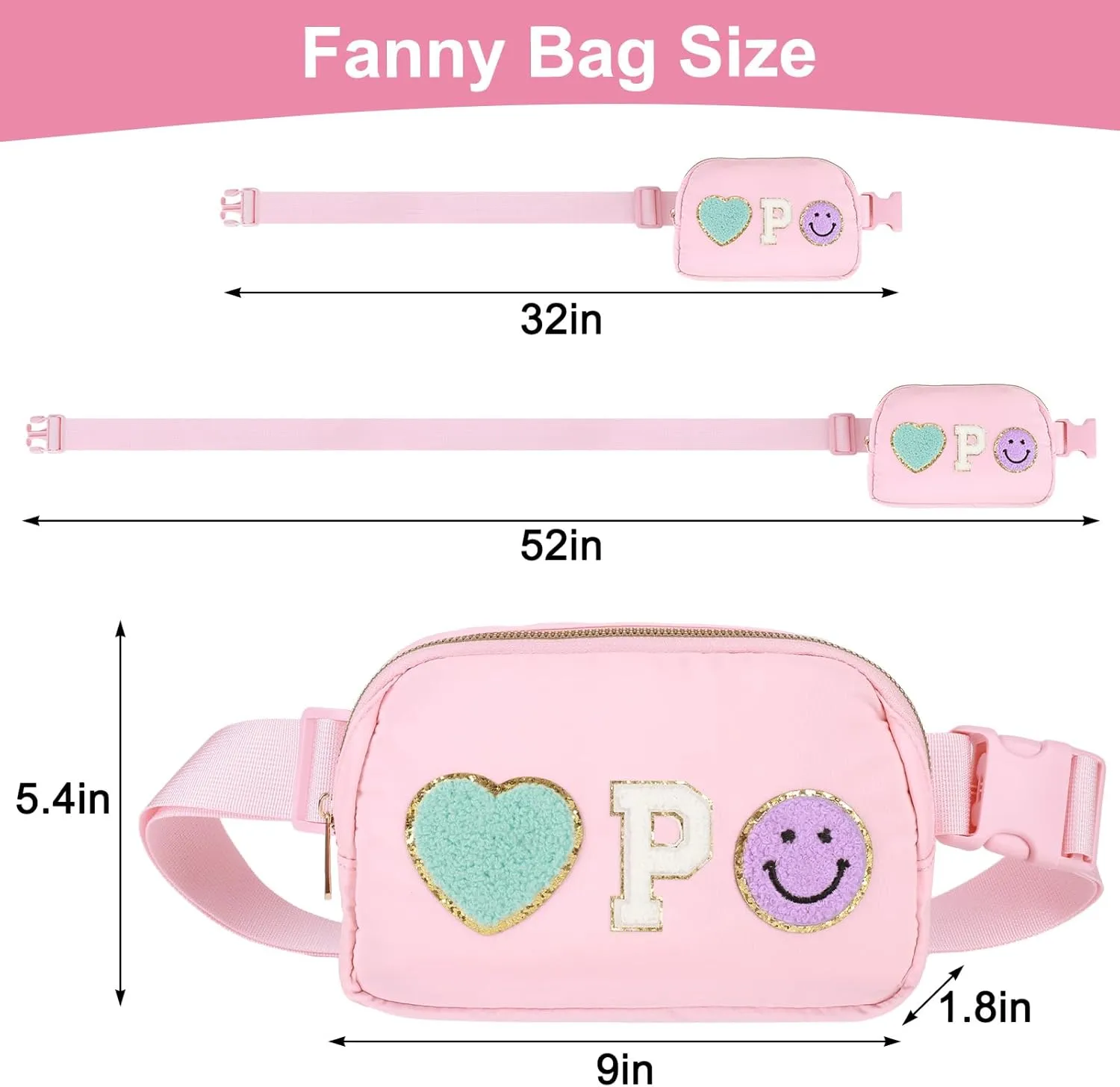 Fanny Pack for Girls 4-14, Nylon Kids Crossbody Bag Belt Bag with Keychain, Party Waist Bags for Kids Teens Girls, Personalized Gifts for Birthday Party Christmas, Pink P