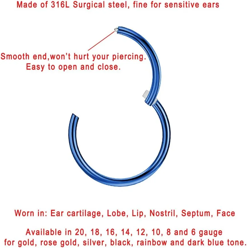 FANSING Men Women 316L Surgical Steel Hinged Nose Rings Hoop for Nostril Septum Cartilage Helix Daith Tragus Rook Conch Lip Ear Lobe Piercings