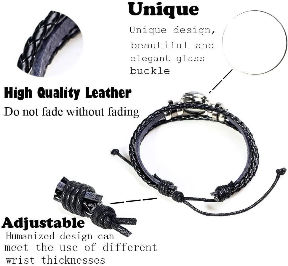 Fashion 12 Zodiac Sign Glow In The Dark Bracelet Adjustable Bangle For Women Men Glass Constellations Charm Black Leather Rope Chains Fashion Jewelry