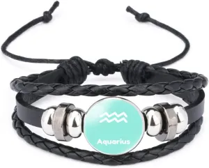 Fashion 12 Zodiac Sign Glow In The Dark Bracelet Adjustable Bangle For Women Men Glass Constellations Charm Black Leather Rope Chains Fashion Jewelry